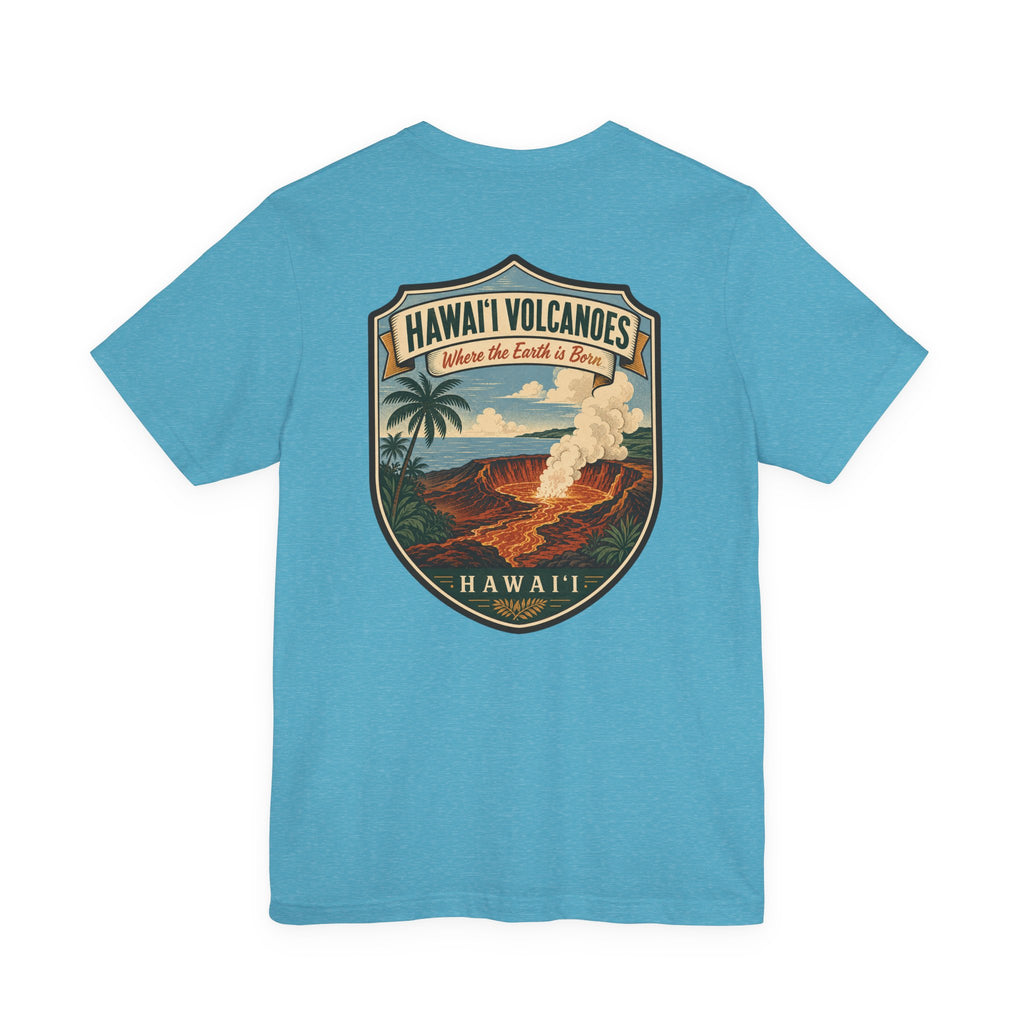 Light blue T-shirt with Hawaii Volcanoes shield graphic and volcano eruption artwork