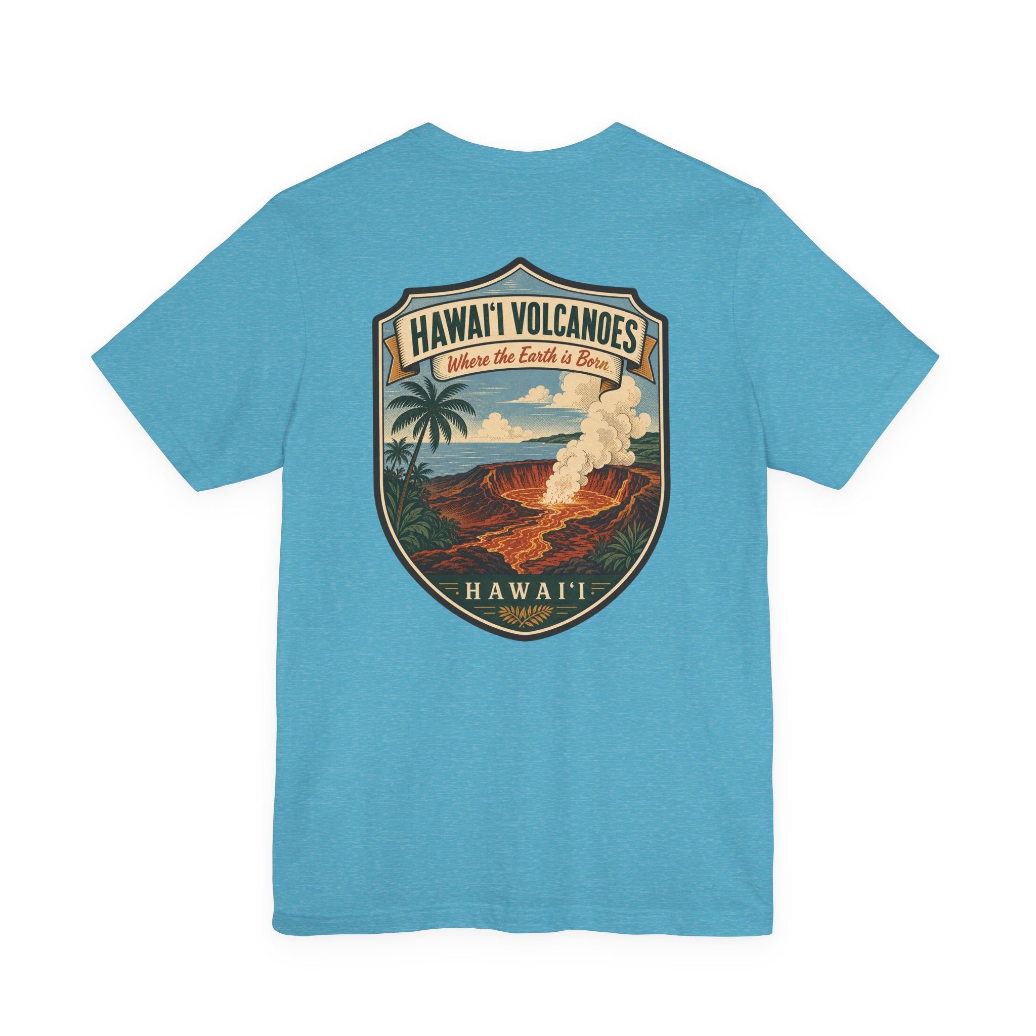 Light blue T-shirt with Hawaii Volcanoes shield graphic and volcano eruption artwork