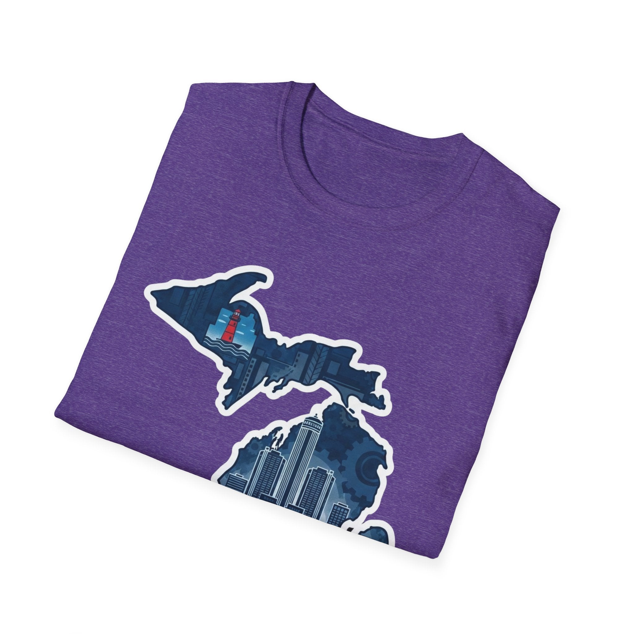 Purple T-shirt with Michigan map outline and skyline artwork