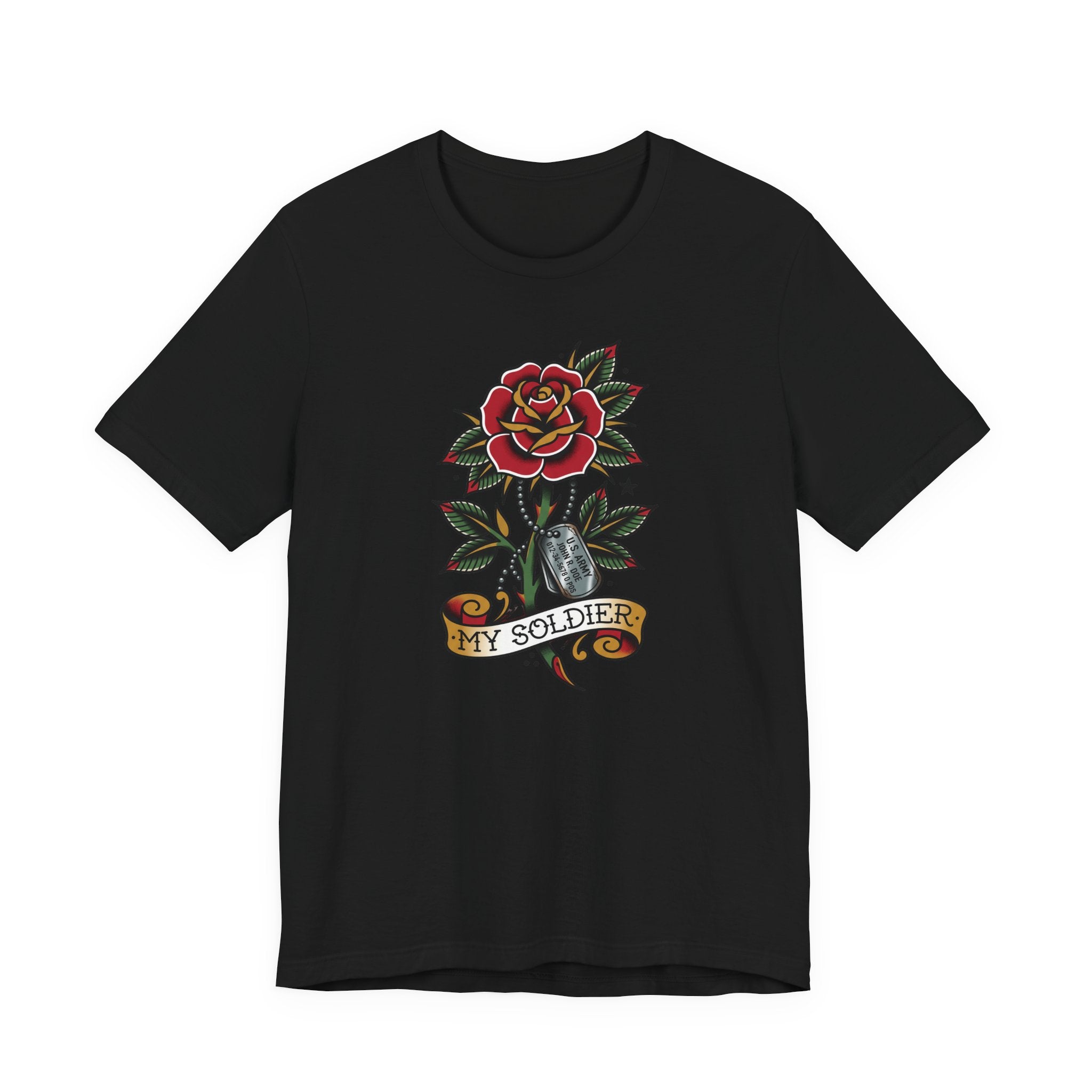 Black crewneck t-shirt with rose and dog tag graphic, My Soldier emblem.