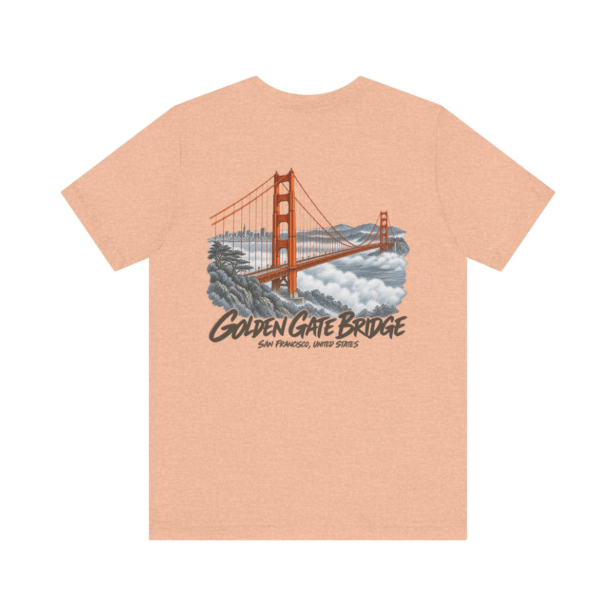 Heather peach T-shirt with Golden Gate Bridge graphic print on the chest