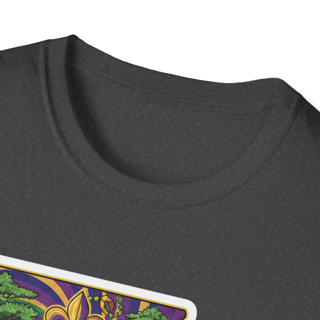 Dark heather gray T-shirt neckline with partial Louisiana Mardi Gras print