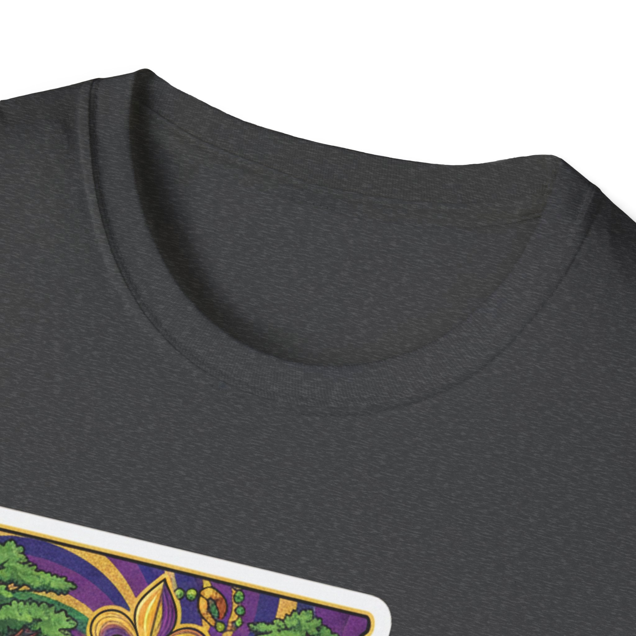 Dark heather gray T-shirt neckline with partial Louisiana Mardi Gras print