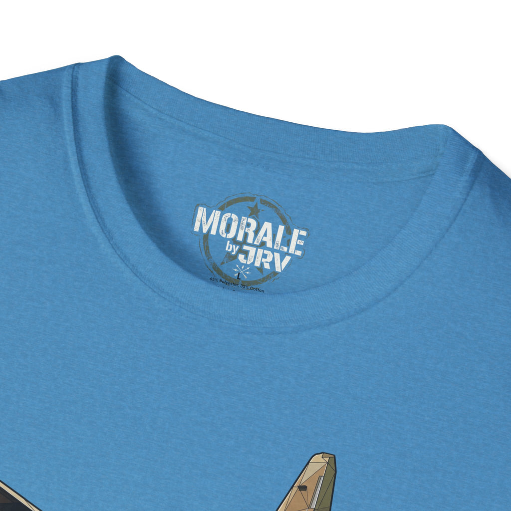 Heather Sapphire T-shirt collar logo print with partial plane graphic below