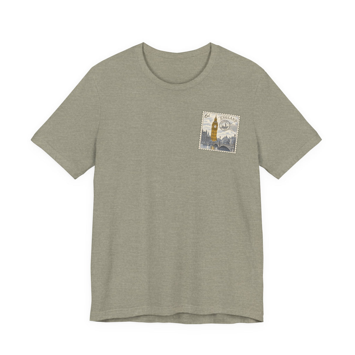 Men's heathered tan travel t-shirt with small vintage postage stamp-style tower graphic