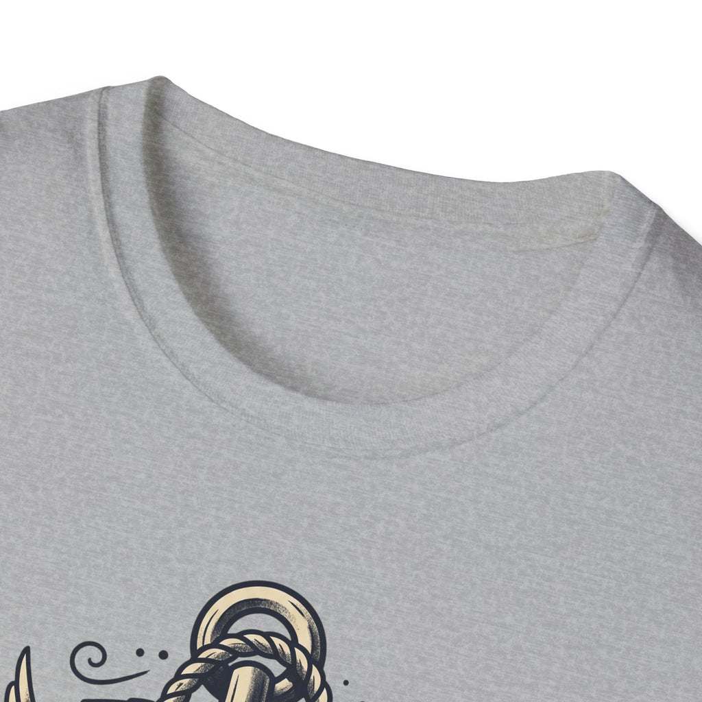Sport grey sailor skull anchor T-shirt, crew neck with partial nautical tattoo graphic