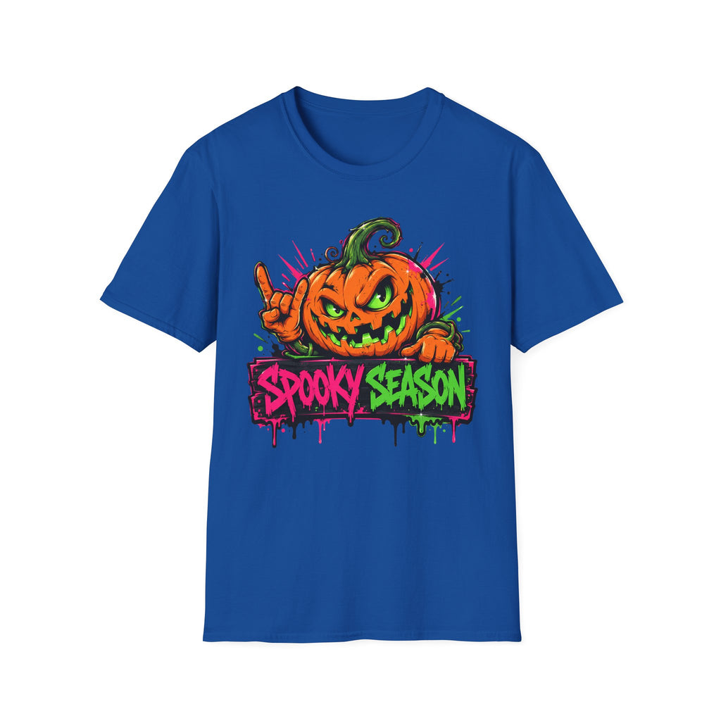 Royal blue pumpkin jack-o-lantern graphic T-shirt with Spooky Season banner