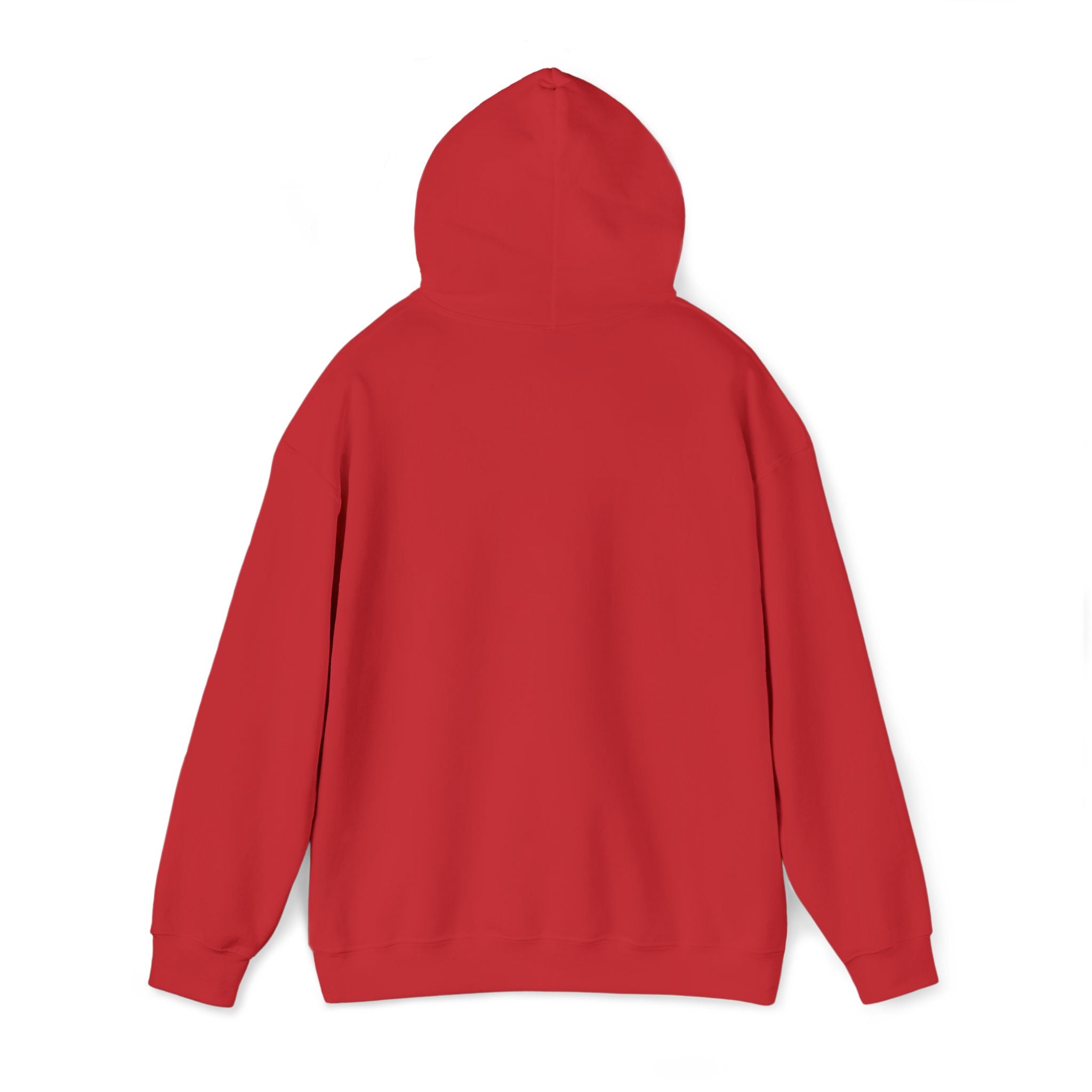 Red hoodie with attached hood and long sleeves, back view