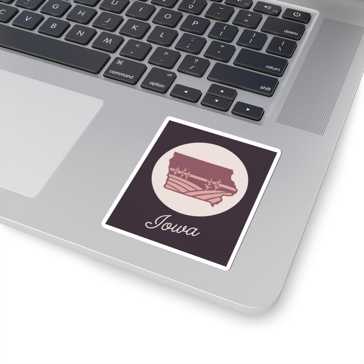 Square kiss-cut vinyl decal of mauve Iowa state silhouette with “Iowa” script under a pale circle