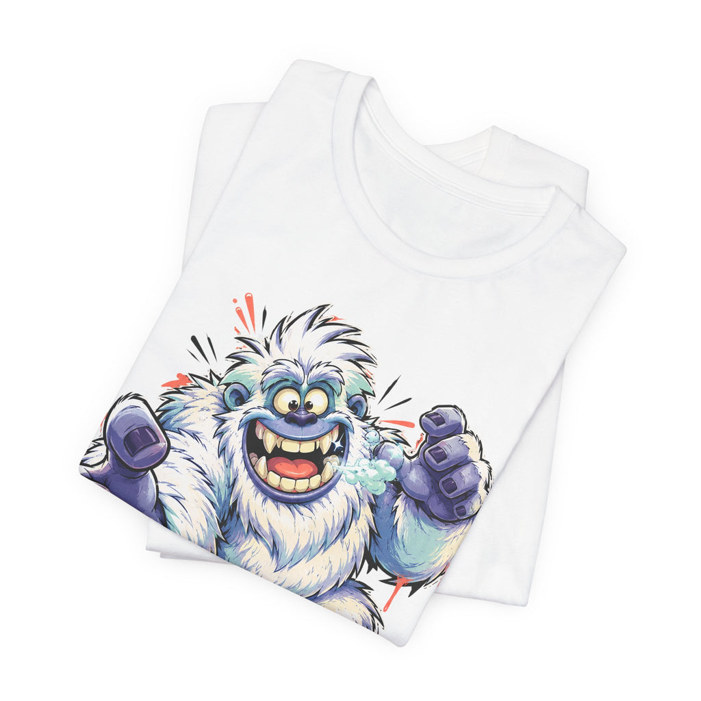 White T-shirt set with cartoon yeti monster graphic, roaring and holding blue-fisted fists