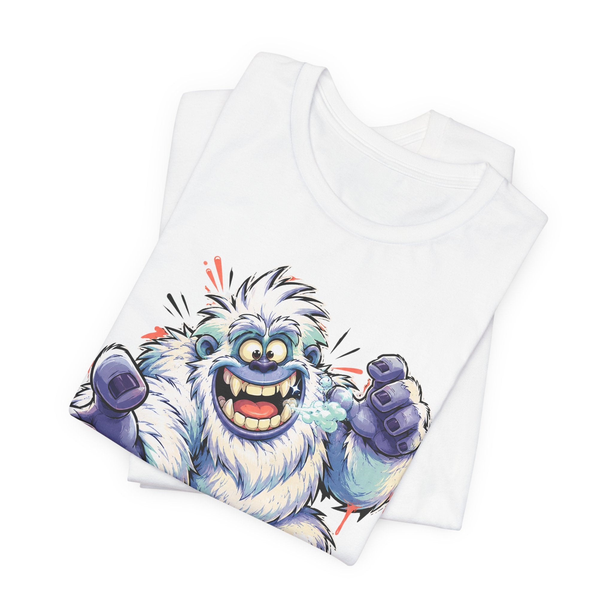 White T-shirt set with cartoon yeti monster graphic, roaring and holding blue-fisted fists