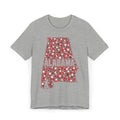 Gray Alabama graphic T-shirt with red dotted state outline and “ALABAMA” text