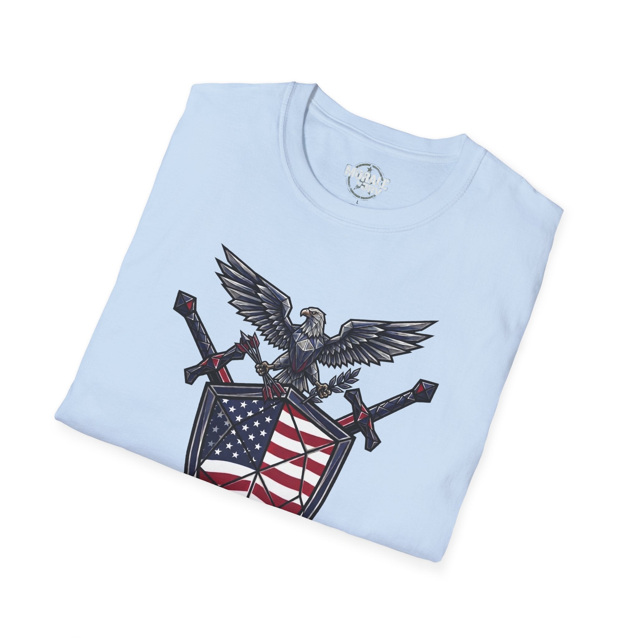 Light blue T-shirt with eagle and American-flag graphic on front