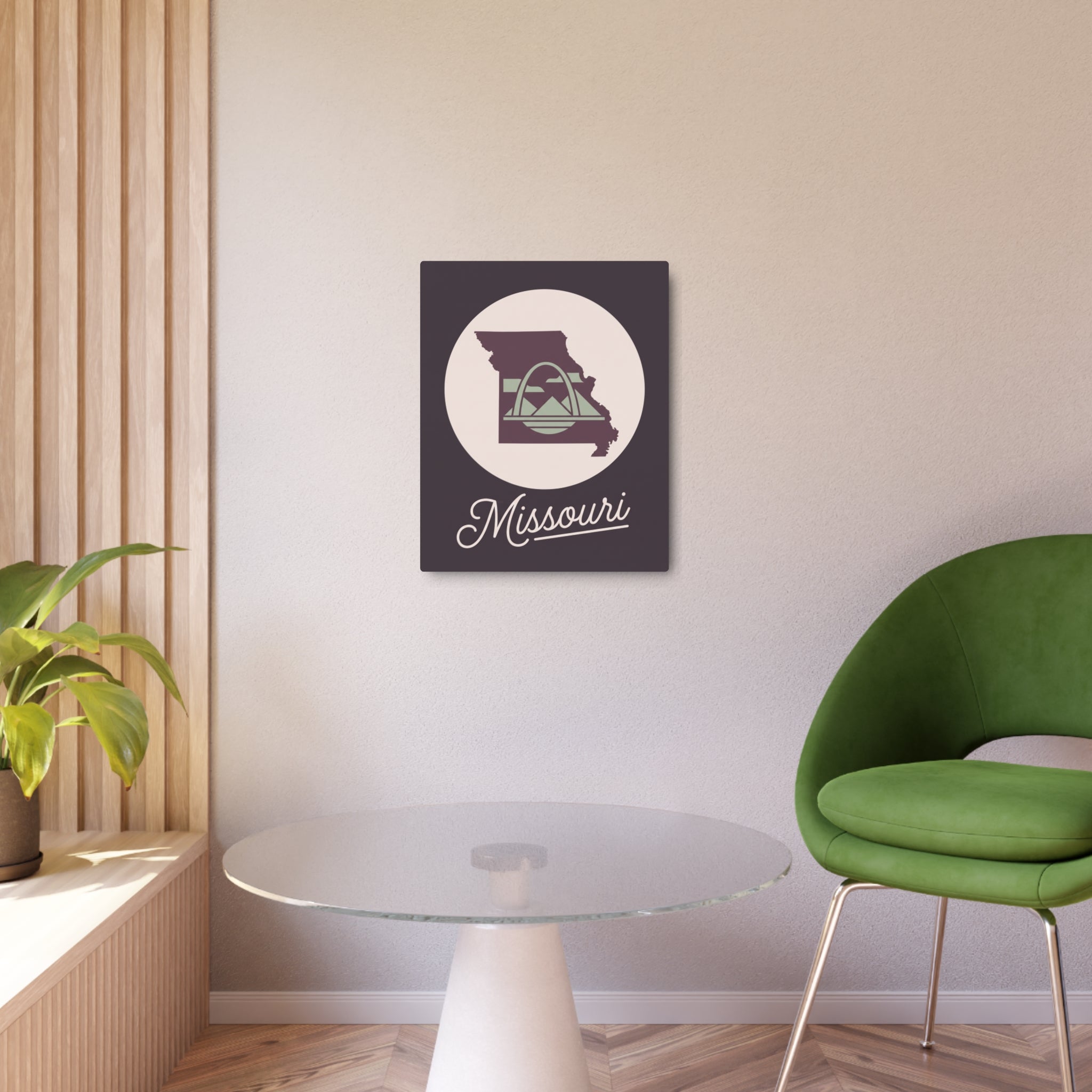Mauve square metal wall art with circular Missouri emblem and script "Missouri"
