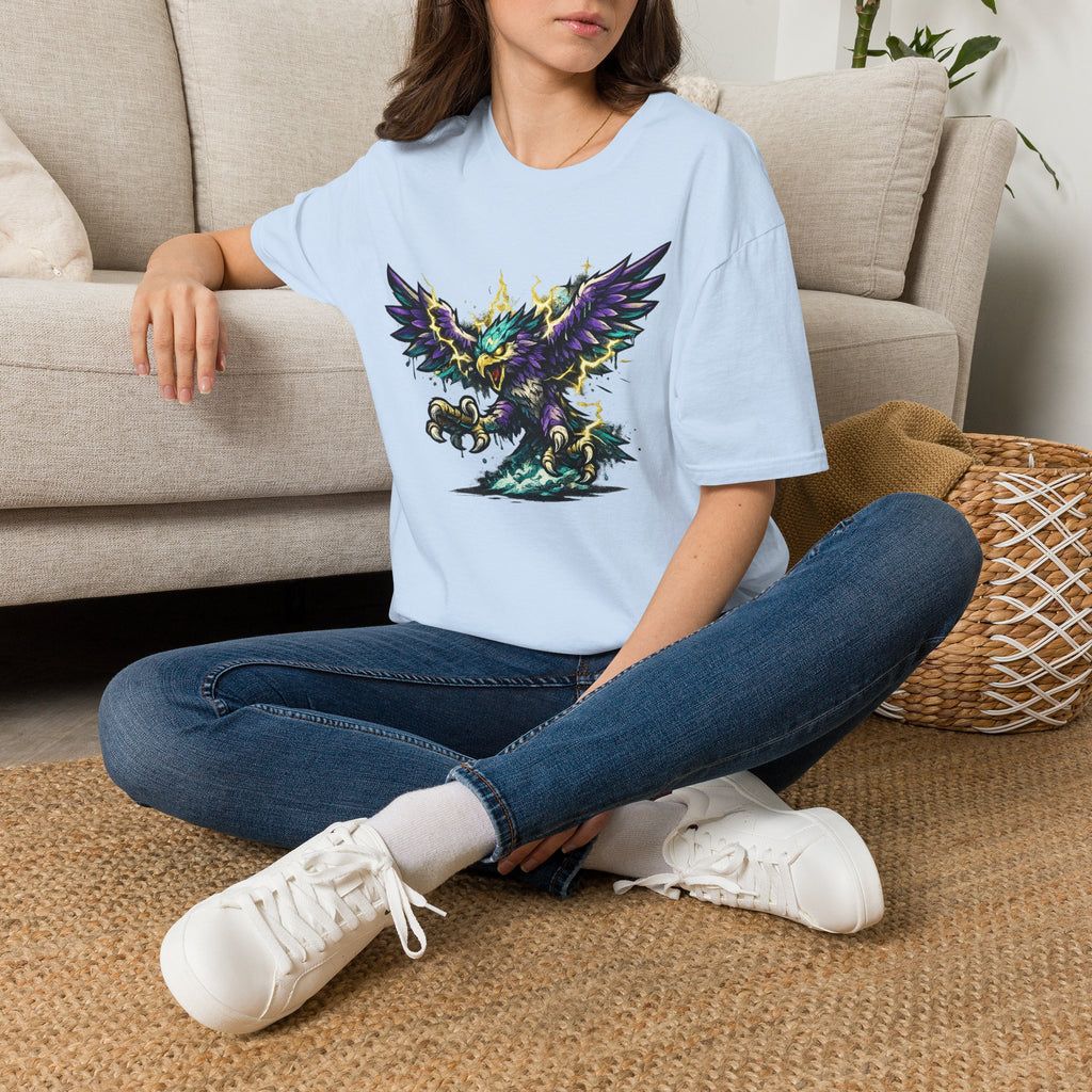 Light blue crew-neck T-shirt with colorful lightning bird graphic on the chest
