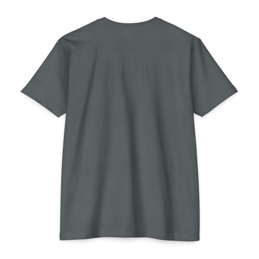 Dark gray crewneck T-shirt, short sleeves and straight hem (no graphic visible).
