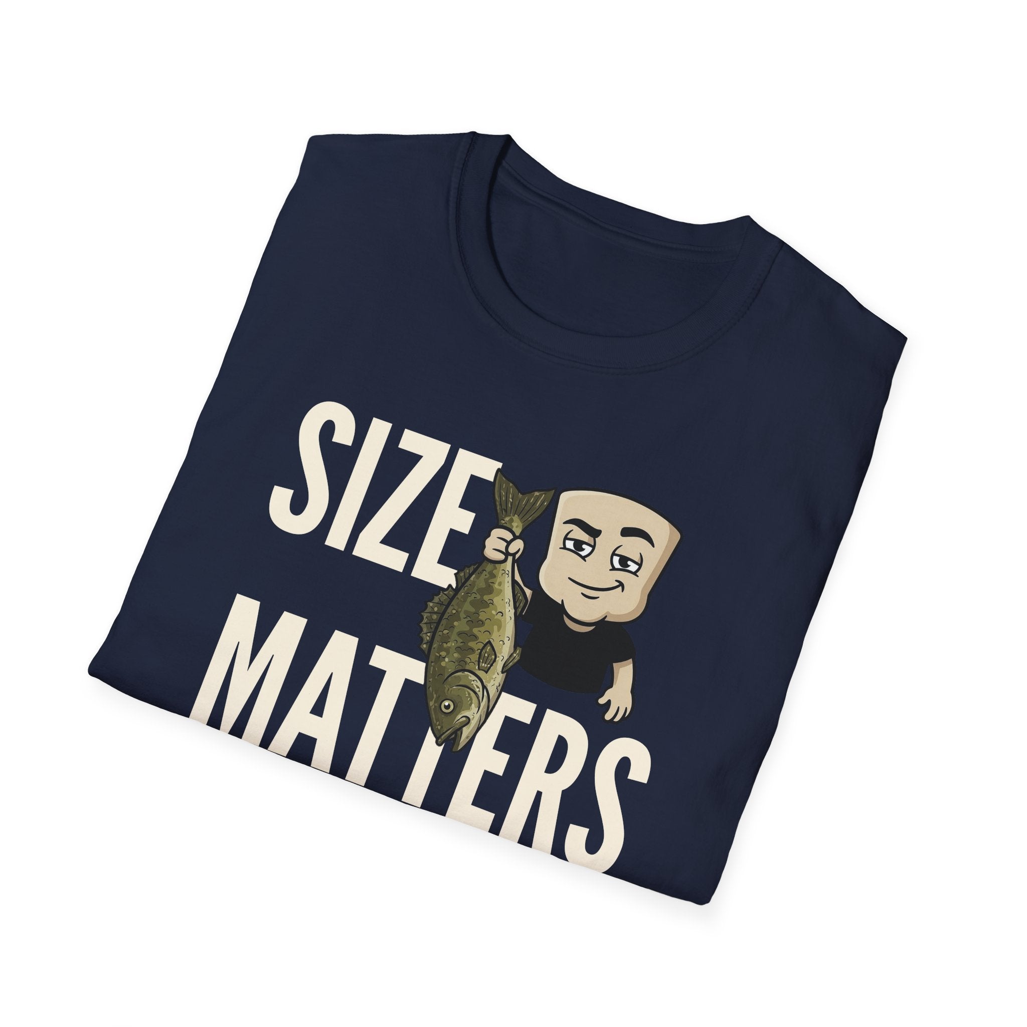 Navy T-shirt with 'Size Matters' fishing bass and fisherman graphic
