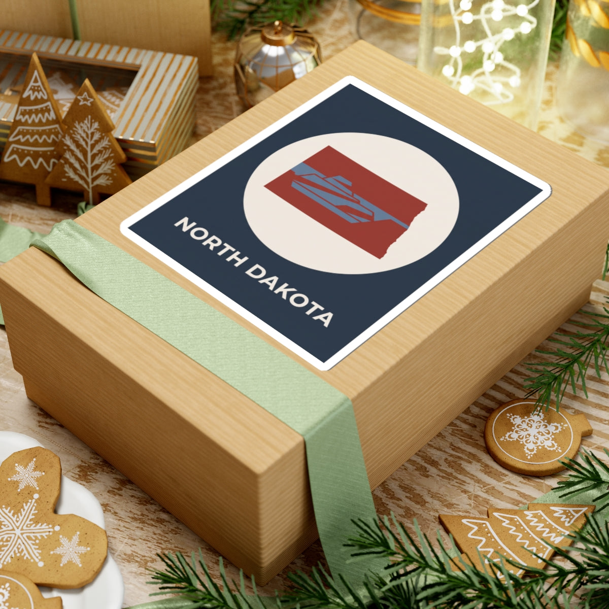 North Dakota map sticker on a gift box, navy square label with red state icon and NORTH DAKOTA