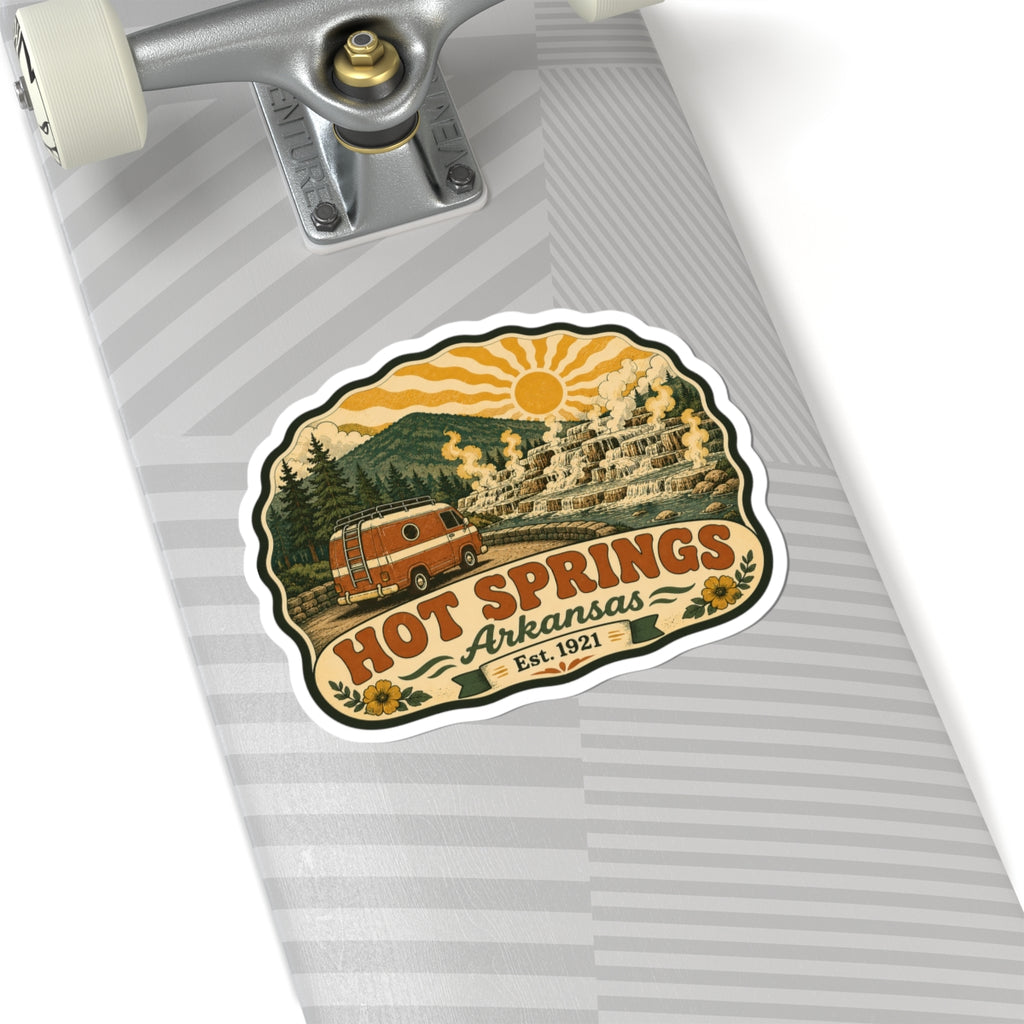 Hot Springs Arkansas retro van kiss-cut sticker on skateboard deck, die-cut rounded shape.