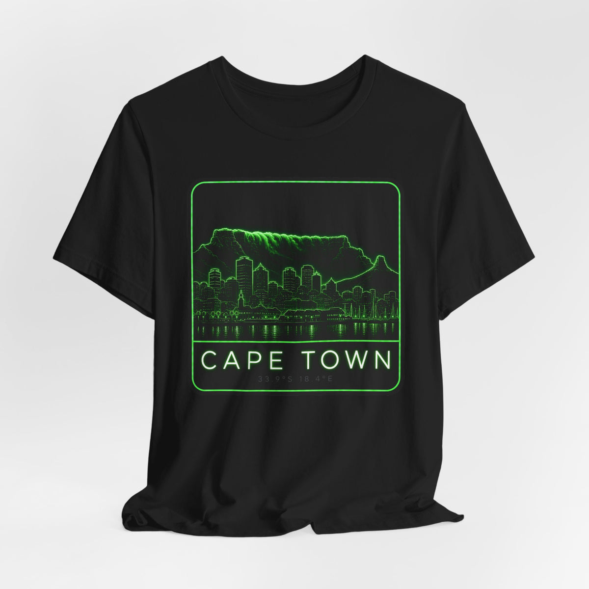 Black crewneck T-shirt with neon green Cape Town skyline box graphic and text