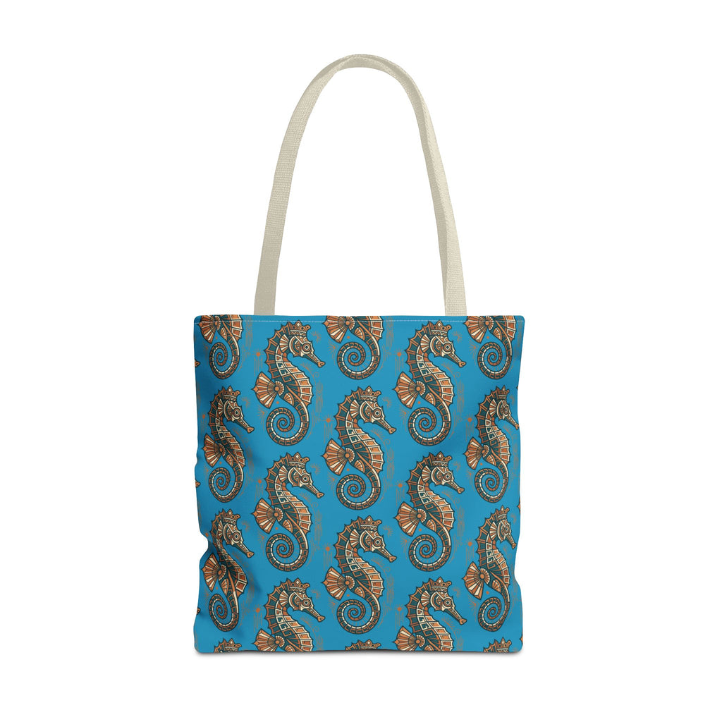 Ocean blue tote bag with steampunk seahorse all-over pattern and light beige handles, front view
