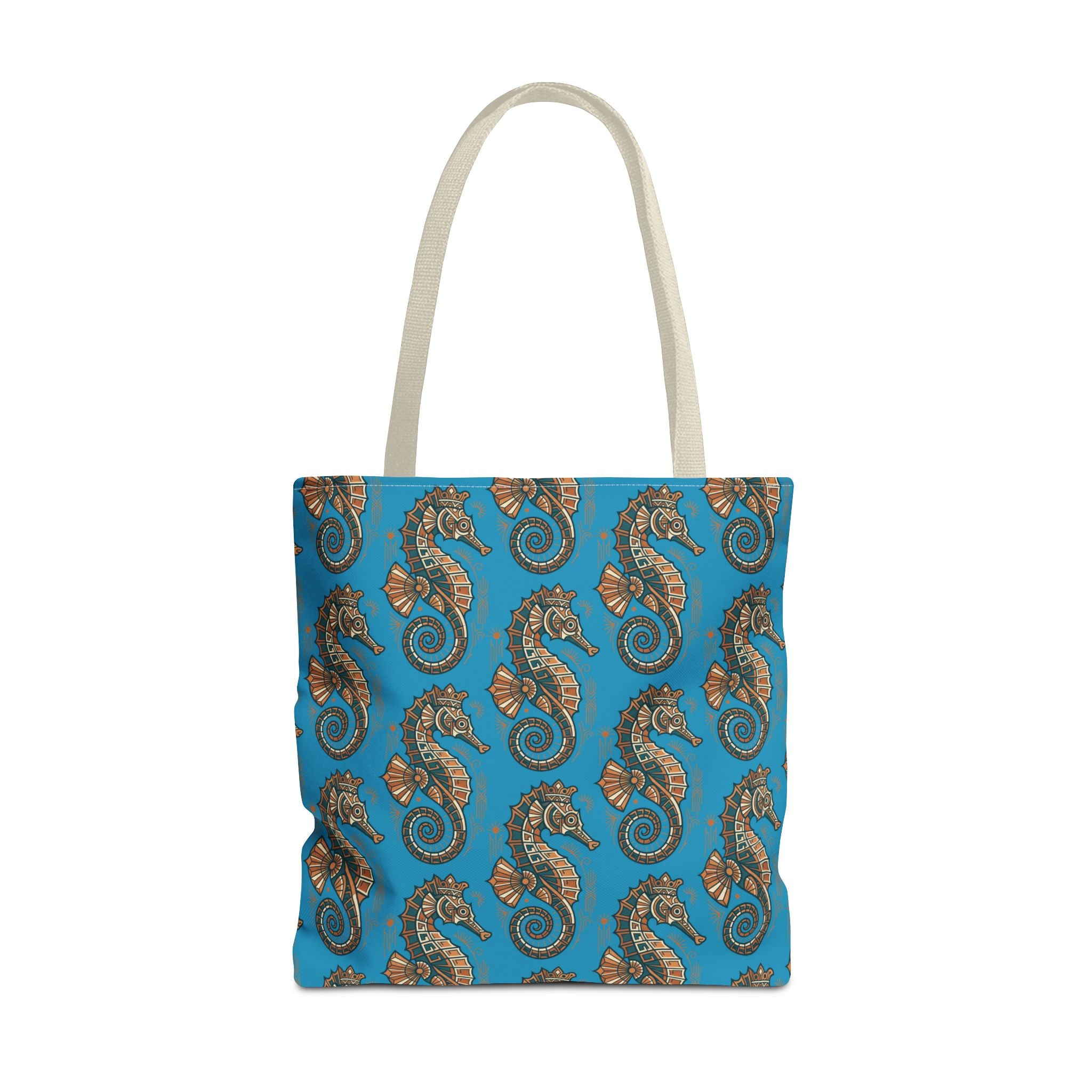 Ocean blue tote bag with steampunk seahorse all-over pattern and light beige handles, front view