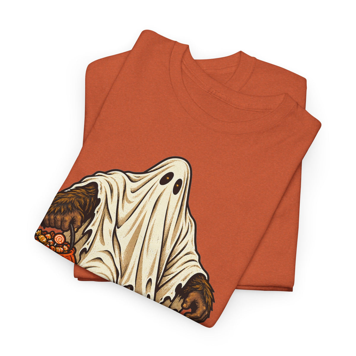 Orange Halloween T-shirt with bigfoot ghost pumpkin graphic on front