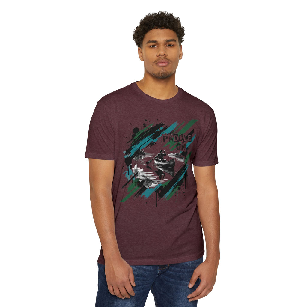 Maroon kayaker graphic T-shirt with paddle and canoe print