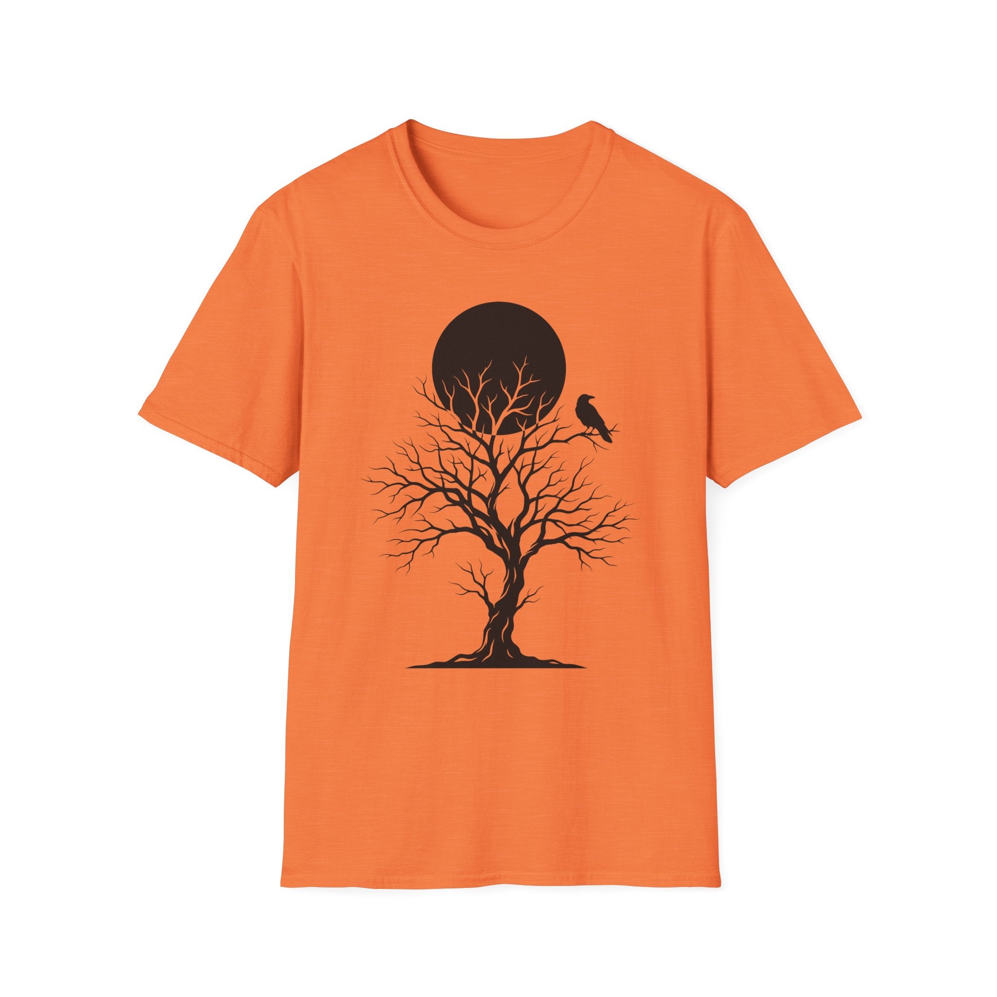 Orange Raven Moon T-shirt with black tree silhouette, bird, and moon circle print