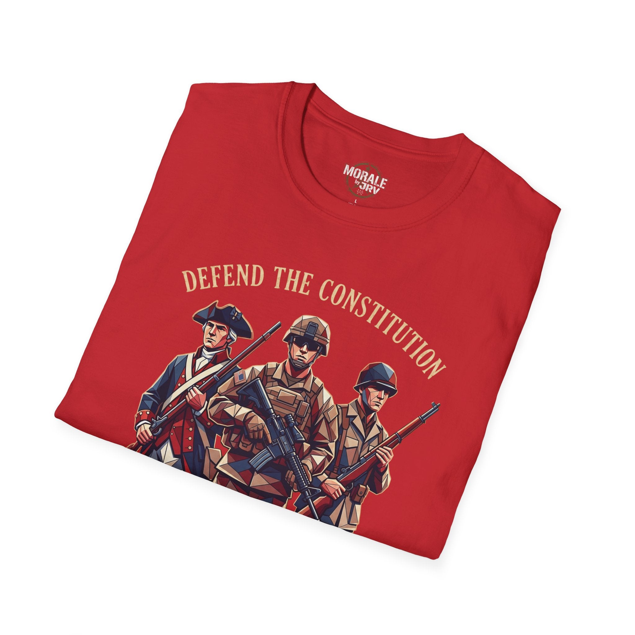 Red T-shirt with Defend the Constitution patriotic soldier graphic and text