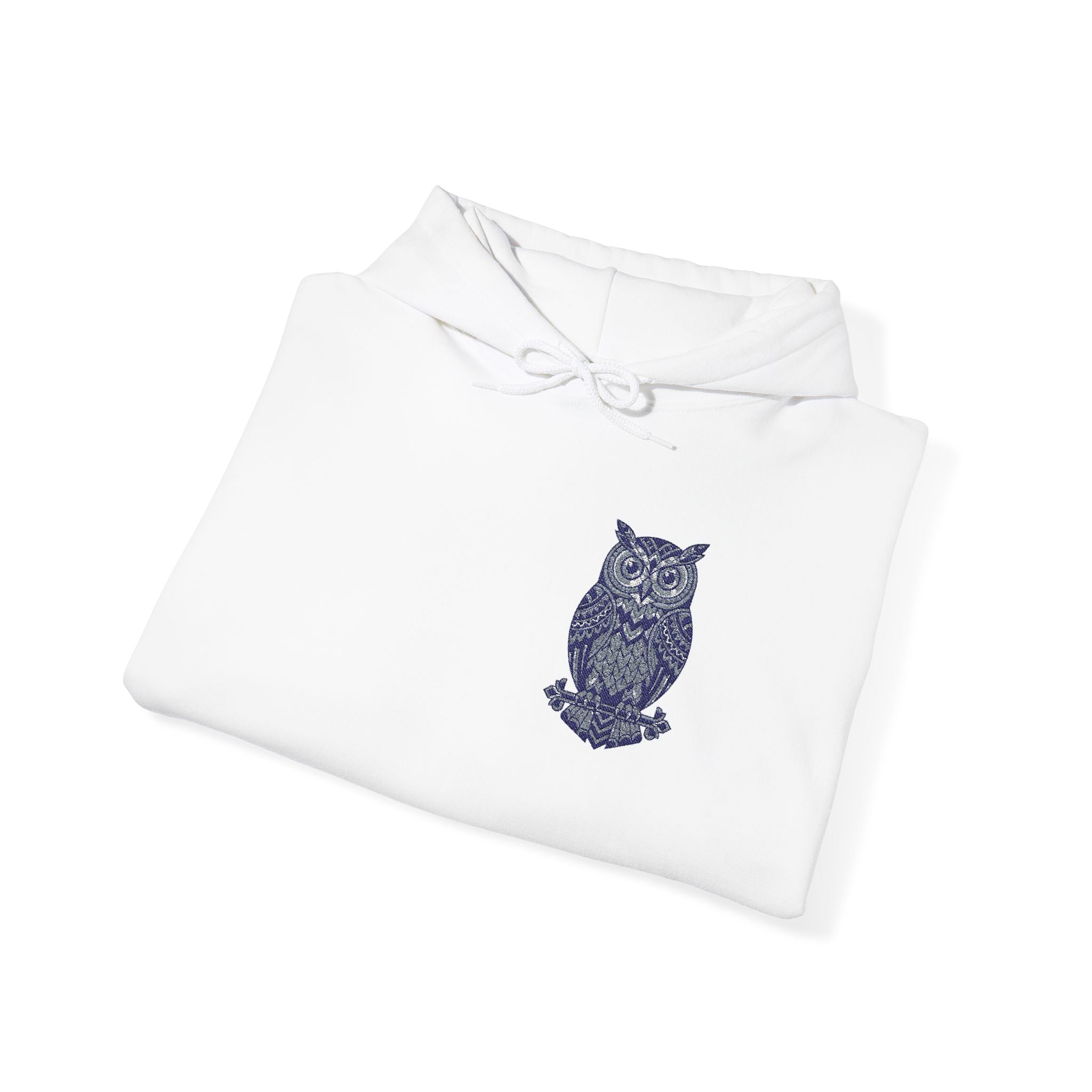 White hoodie, folded front with blue owl chest print and drawstring hood