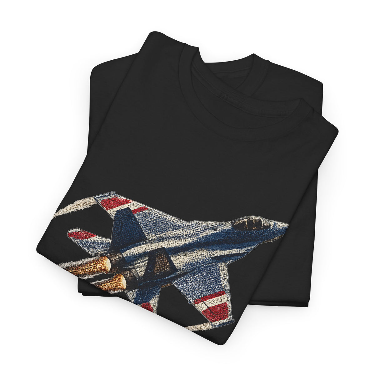 Black t-shirt set with fighter jet graphic on folded shirts