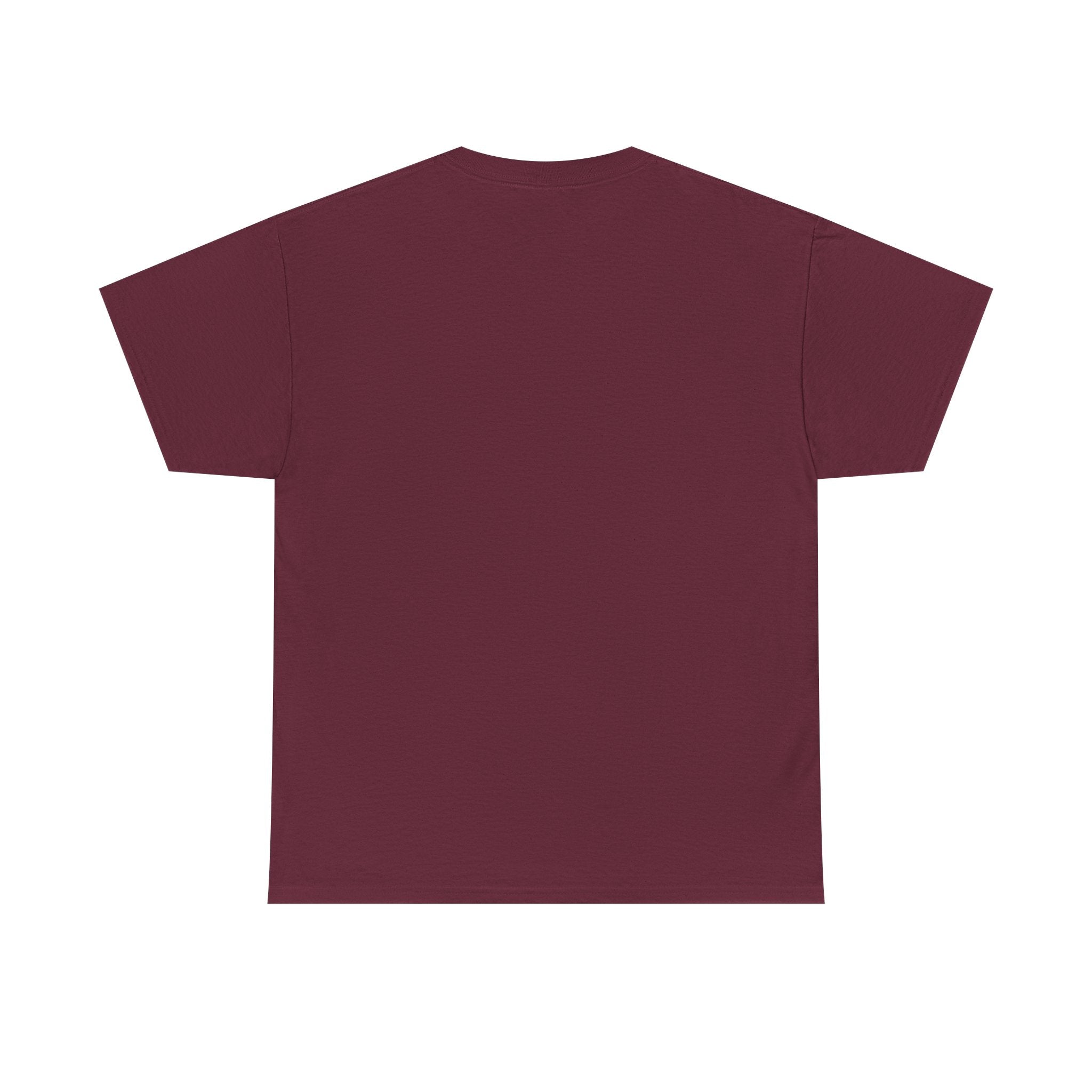 Maroon T-shirt back view with crew neck and short sleeves.