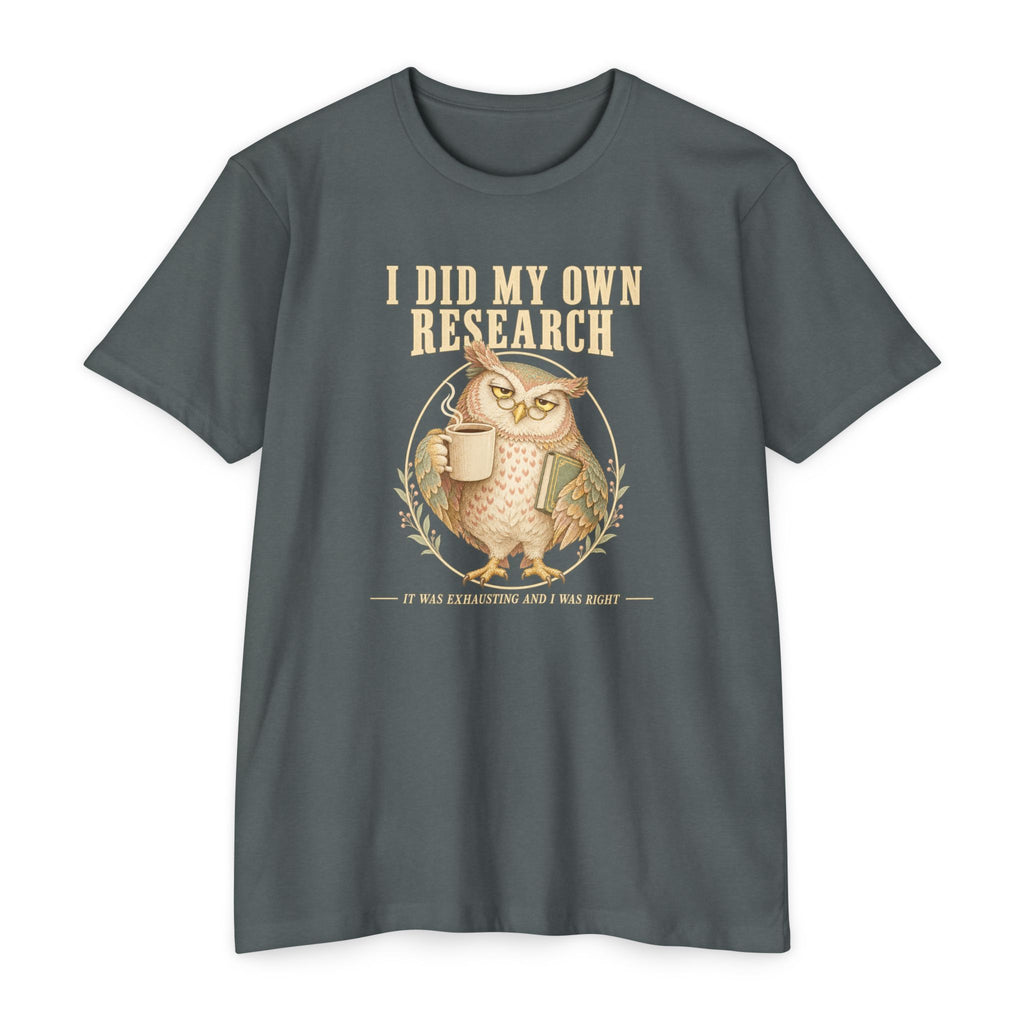 Crewneck T-shirt in dark slate blue with owl coffee mug graphic and 'I did my own research'