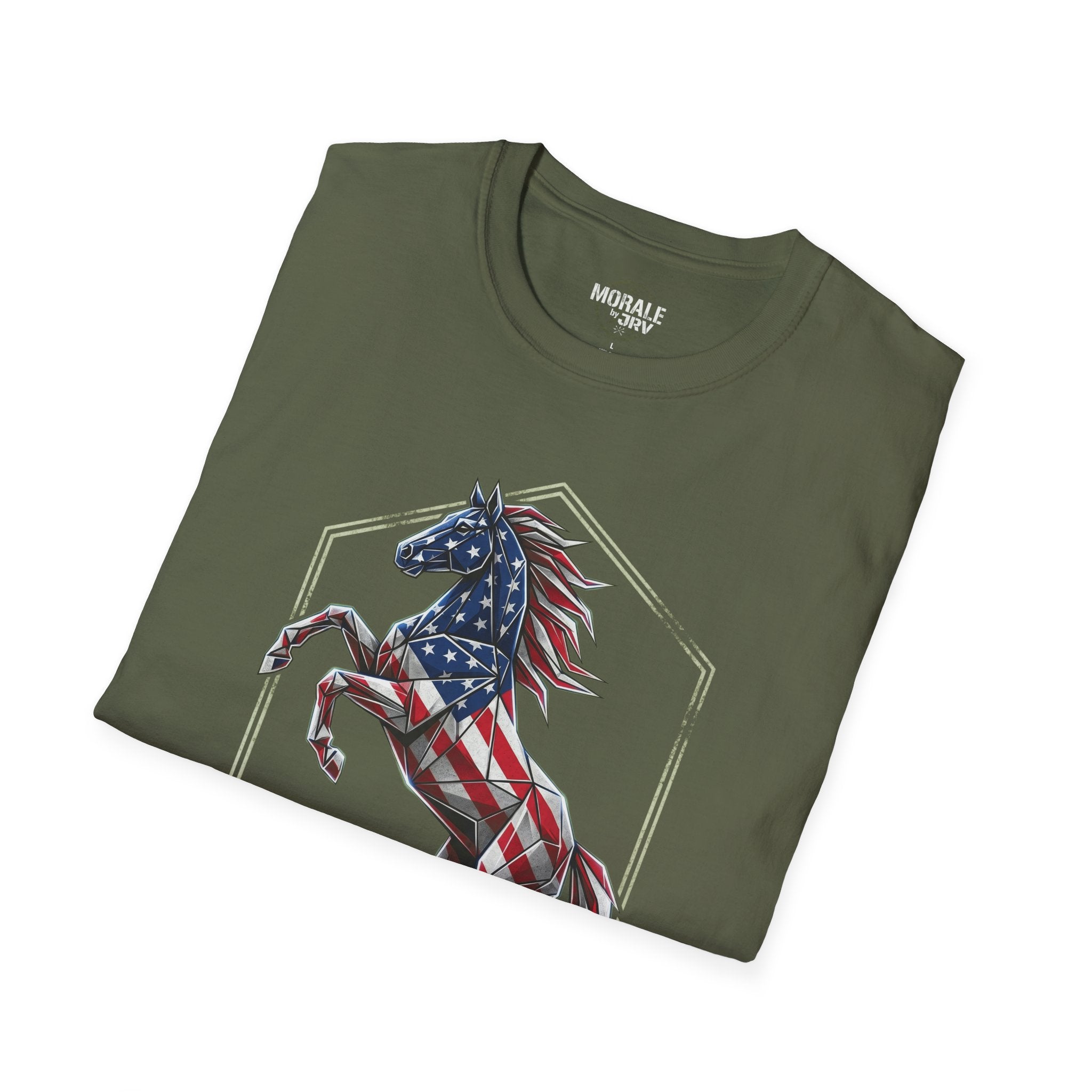 Military green T-shirt with patriotic horse graphic on front