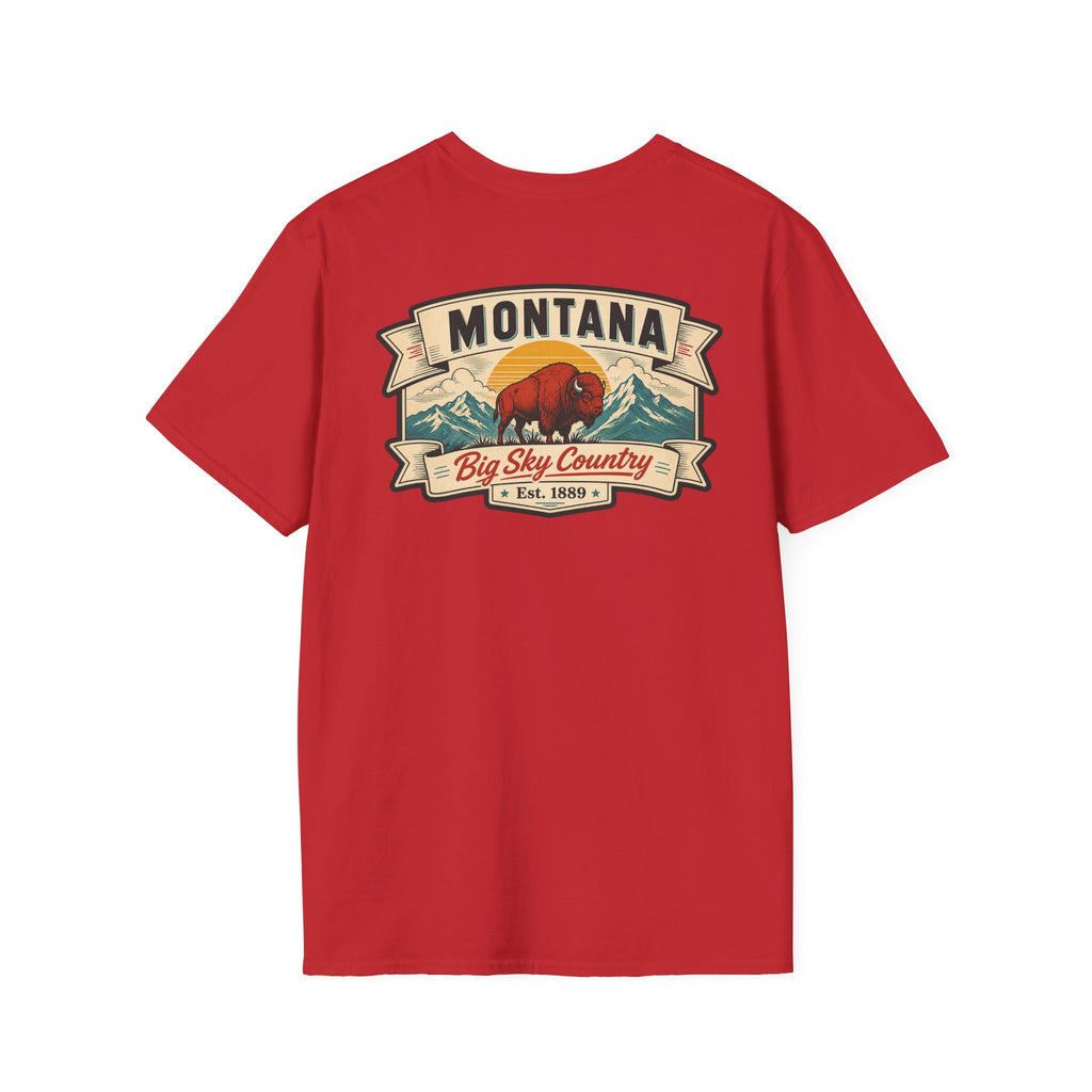 Red Montana bison travel T-shirt with 'MONTANA' and 'Big Sky Country' graphic