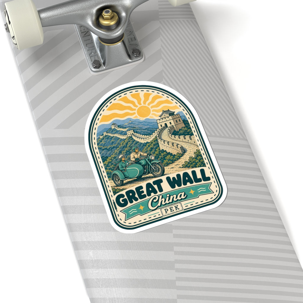 Arch-shaped sticker with Great Wall illustration, green motorcycle, and “Great Wall China PEK”