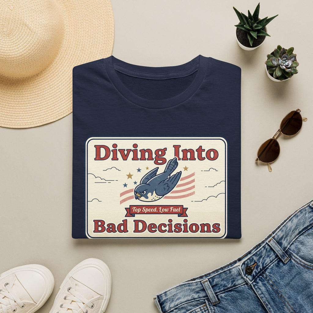 Navy blue T-shirt with retro shark graphic and "Diving Into Bad Decisions" text.