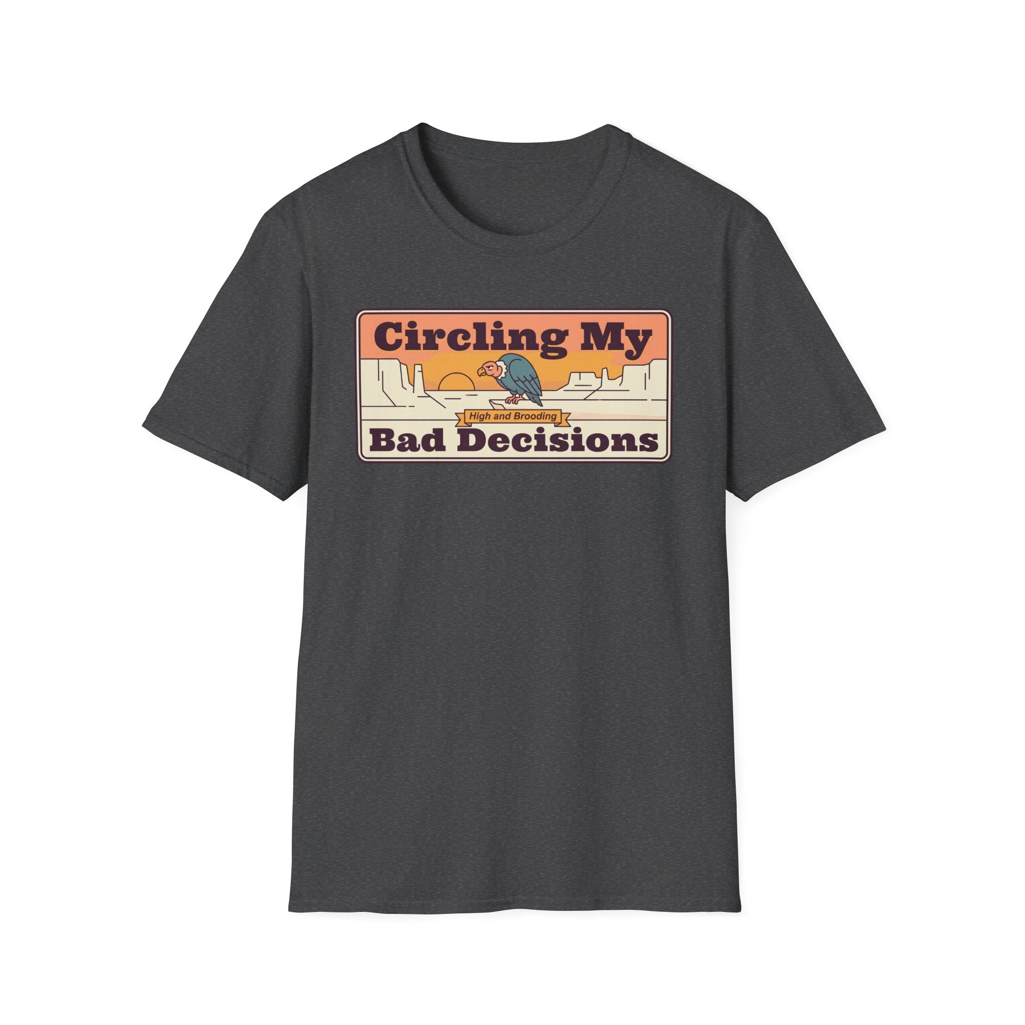 Dark gray crewneck t-shirt with “Circling My Bad Decisions” retro graphic on front