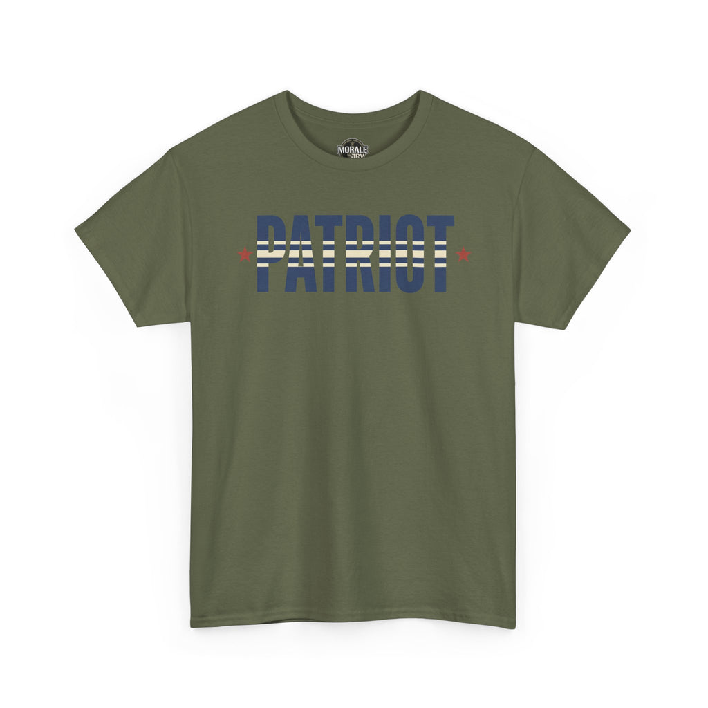 Olive patriot graphic T-shirt with “PATRIOT” text and flag stripe design on front
