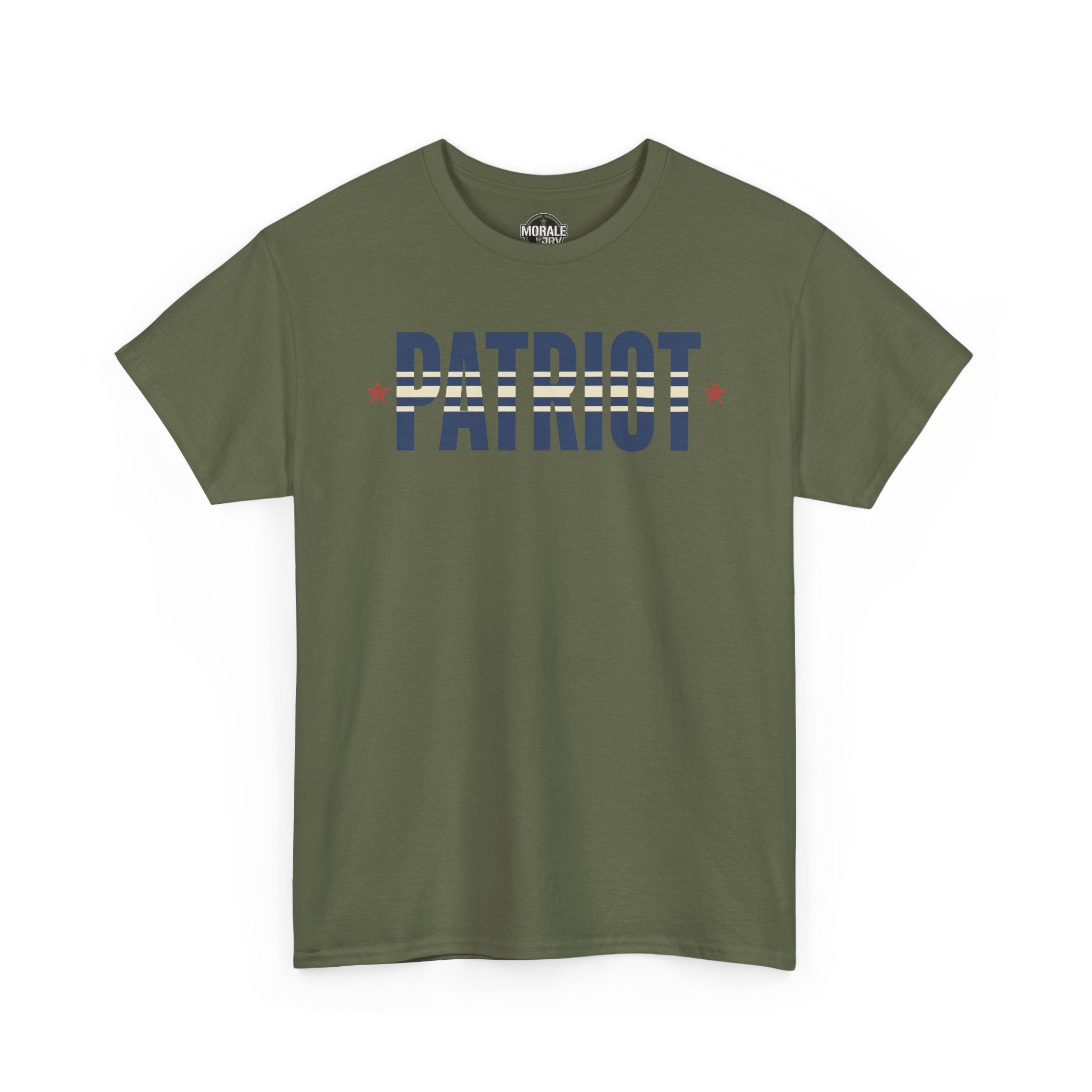 Olive patriot graphic T-shirt with “PATRIOT” text and flag stripe design on front