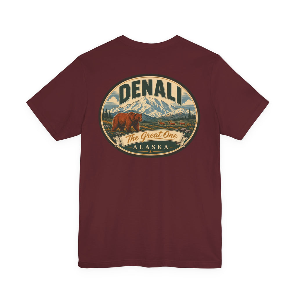 Burgundy crew-neck T-shirt with large oval Denali graphic on chest