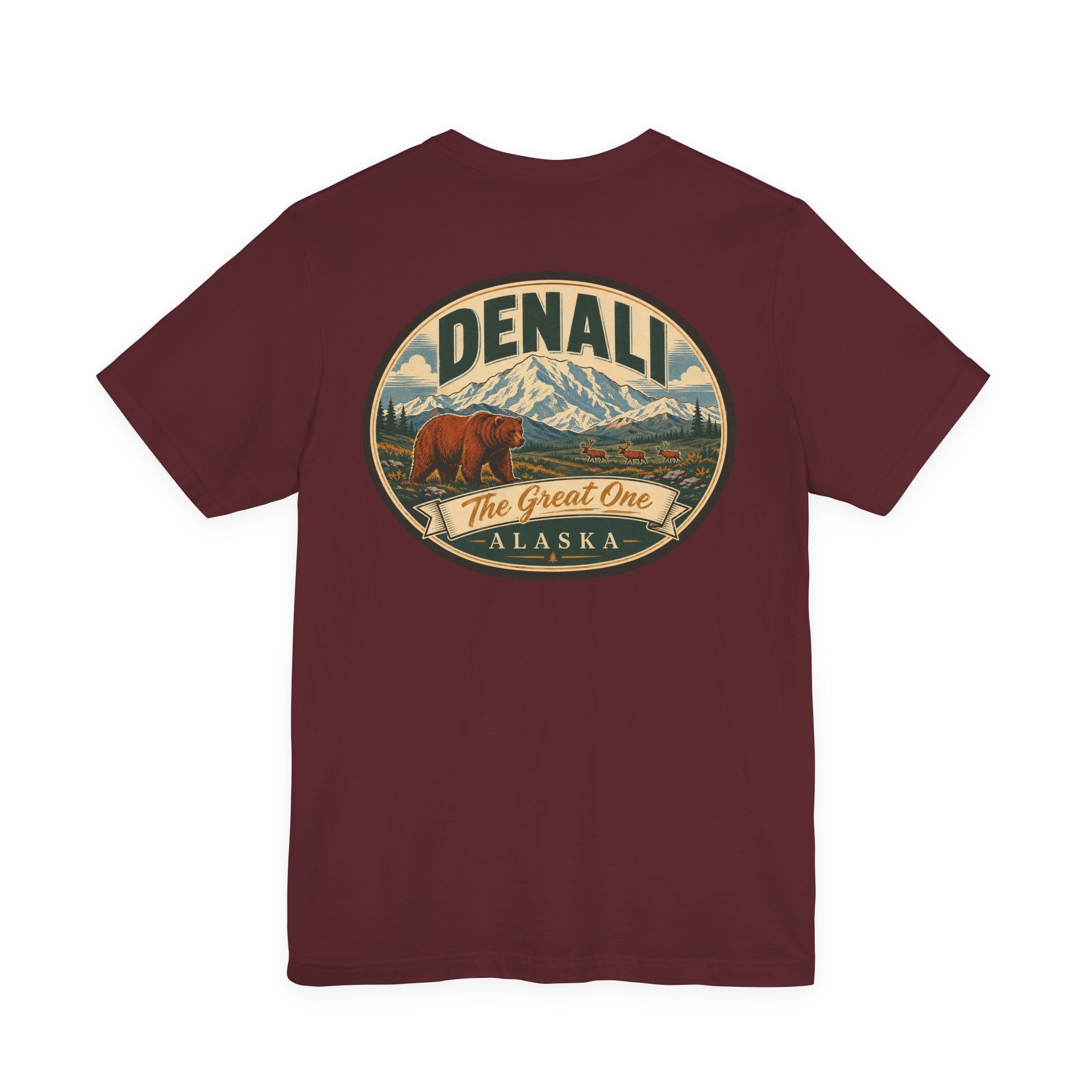 Burgundy crew-neck T-shirt with large oval Denali graphic on chest