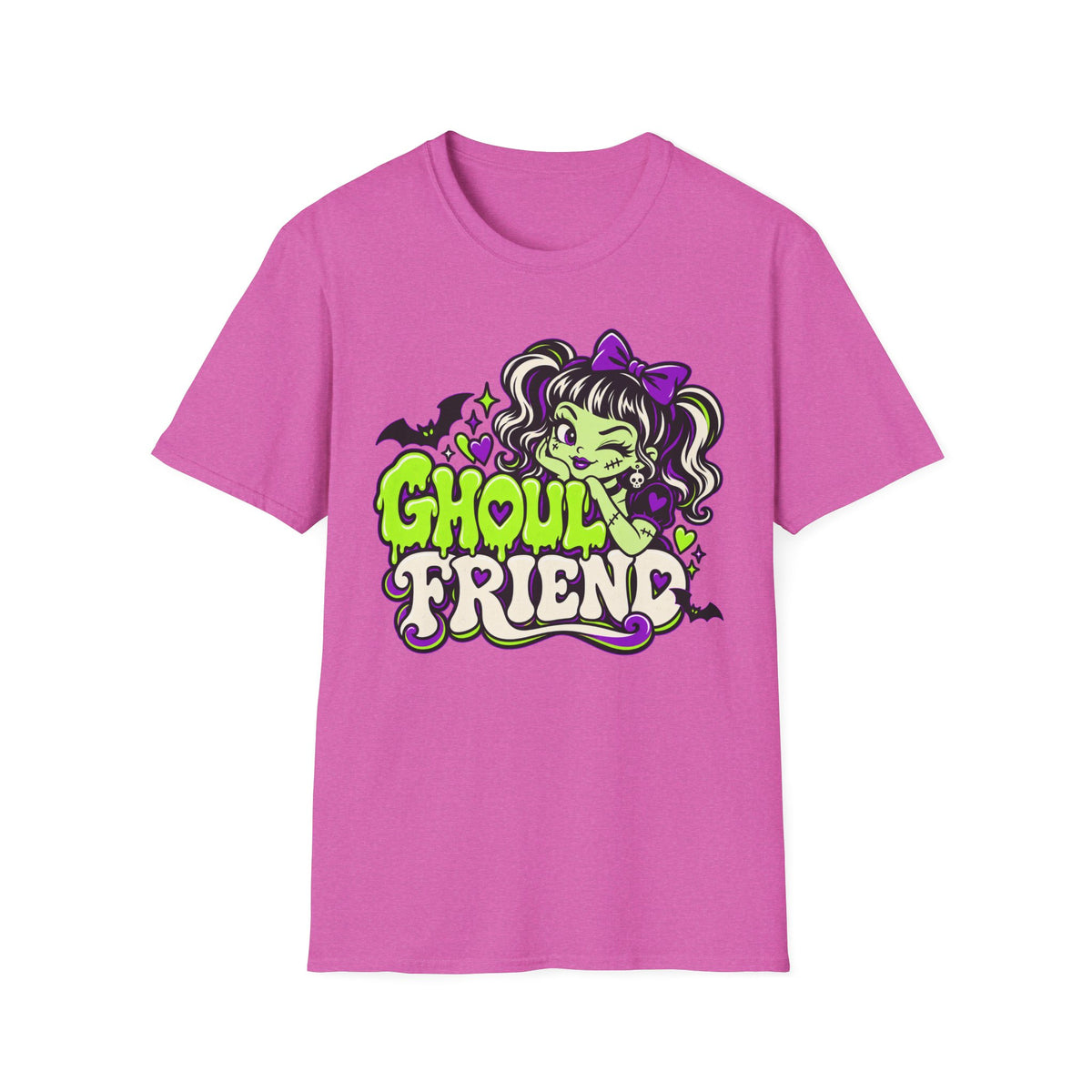Pink T-shirt with colorful ghoul graphic and “Ghoul Friend” lettering