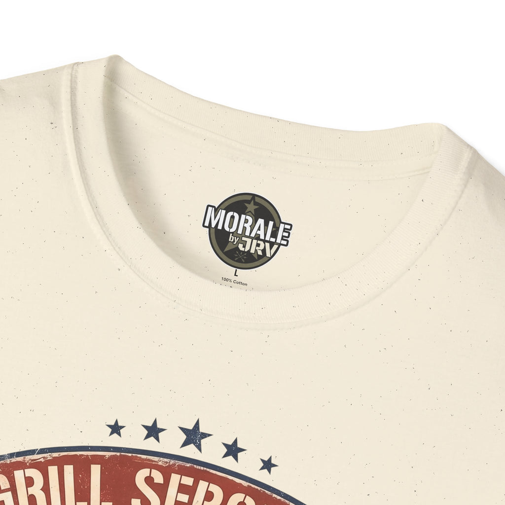 Natural (cream) T-shirt neckline and partial 'Grill Sergeant' stars graphic