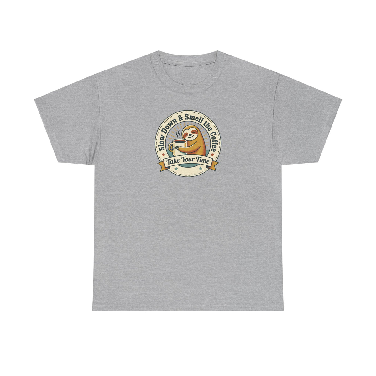 Light gray sloth graphic T-shirt with round “Take Your Time” badge logo on chest