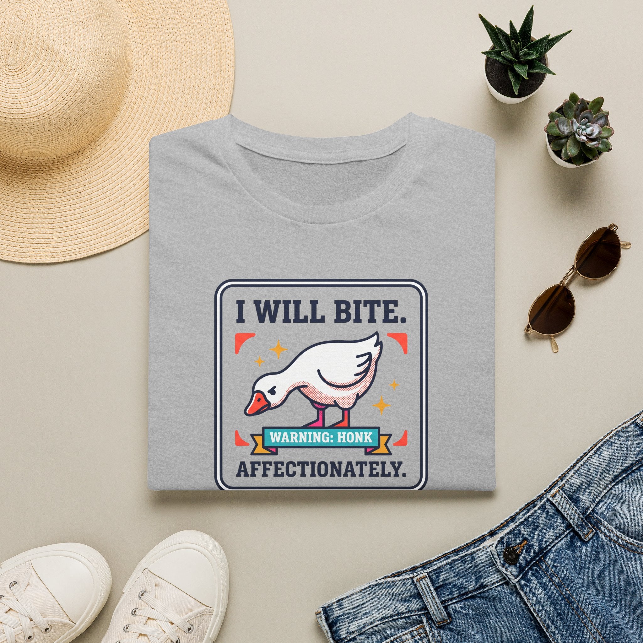 Sport gray T-shirt with front graphic: I WILL BITE warning goose