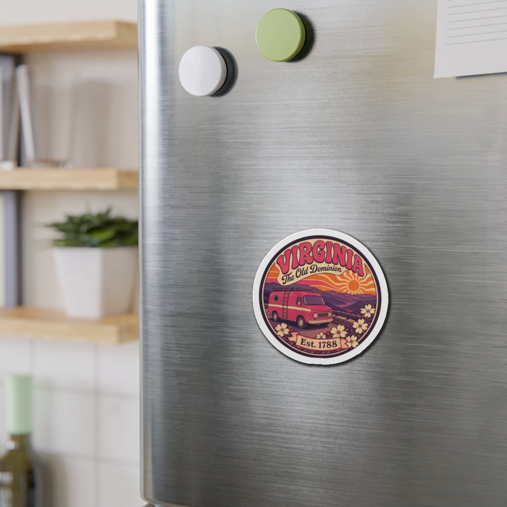 Round die-cut magnet with Virginia Old Dominion camper art and “Est. 1788” on metal