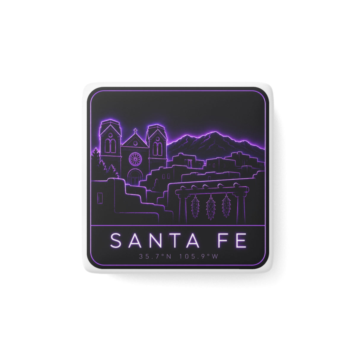 Porcelain square magnet with neon purple Santa Fe skyline and city text