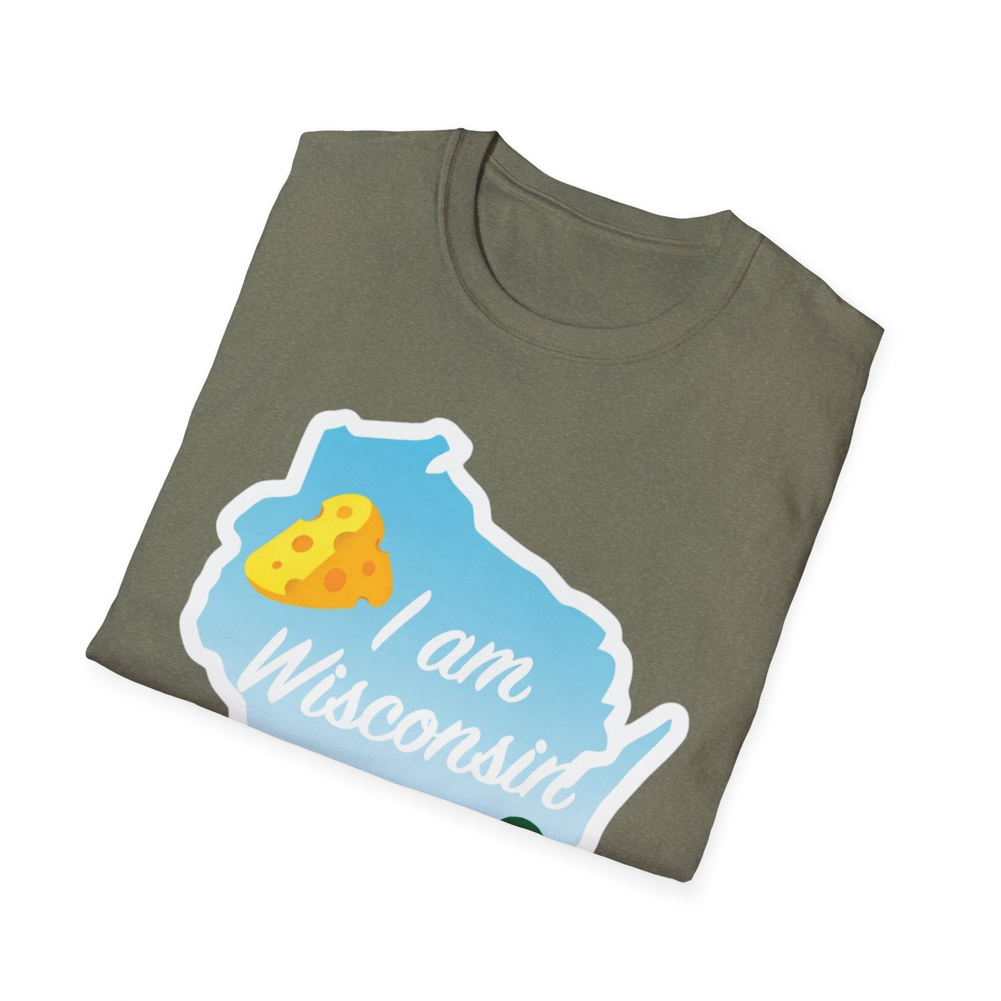 Olive green T-shirt with Wisconsin outline, cheese and landscape, “I am Wisconsin”